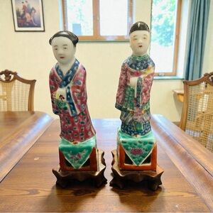 Antique 19th C. CHINESE PORCELAIN FIGURES STATUE Teak Base